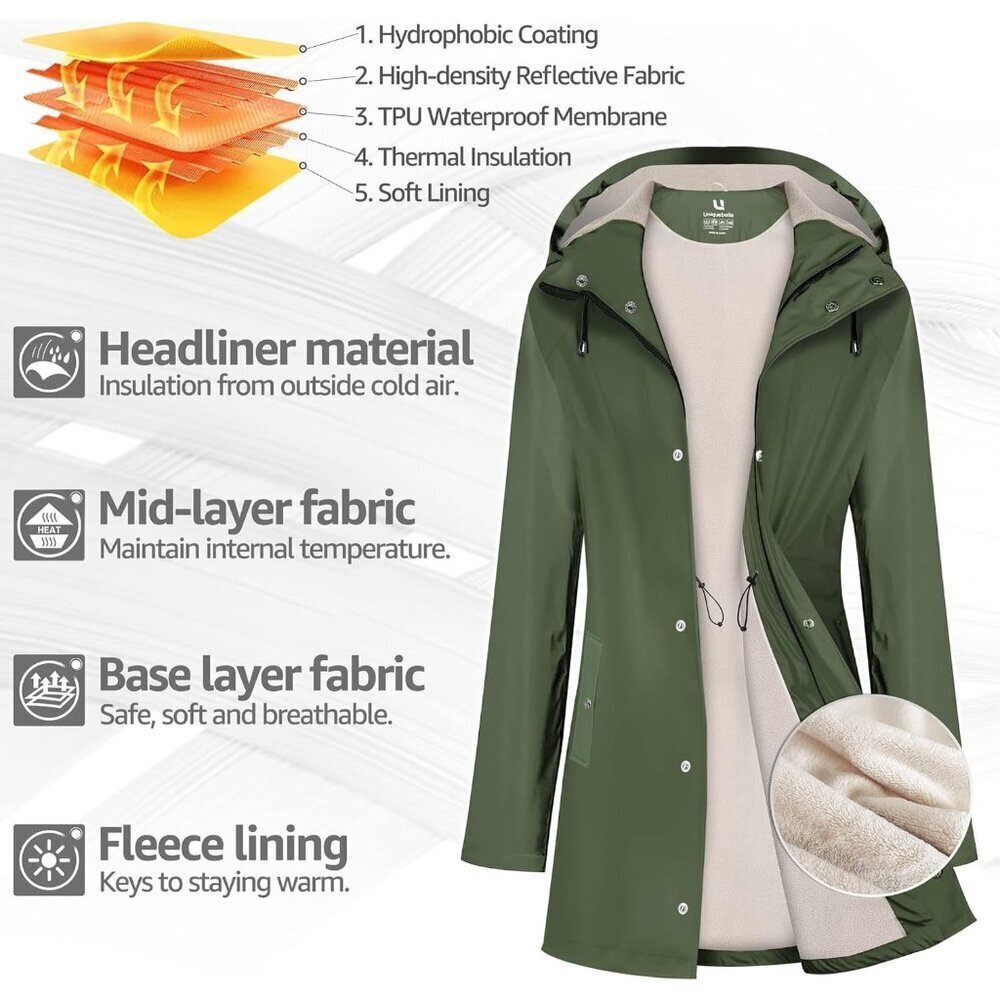 Women Green Fleece Long Hooded Waterproof Rain Windbreaker Trench Coat Outdoor - Picture 3 of 6